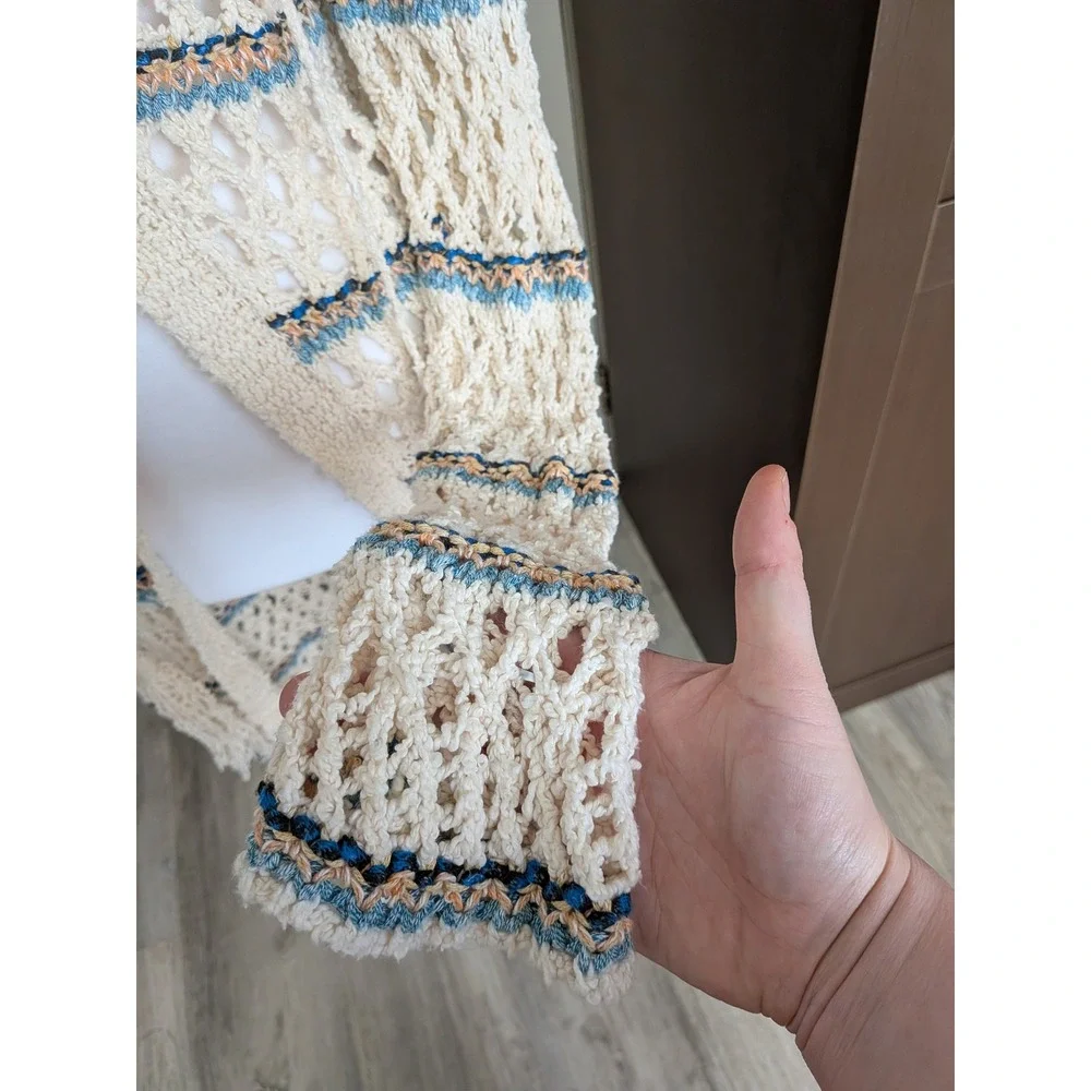 Free People Sunblock Cardigan Boho Crochet Fringe Duster Ivory Blue Small